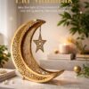Elegant Golden Crescent Moon & Star Metal Table Decor Showpiece with Intricate Cutwork Design – 11 Inch Height x 9 Inch Length x 3 Inch Width