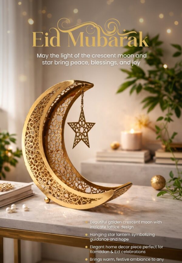 Elegant Golden Crescent Moon & Star Metal Table Decor Showpiece with Intricate Cutwork Design – 11 Inch Height x 9 Inch Length x 3 Inch Width