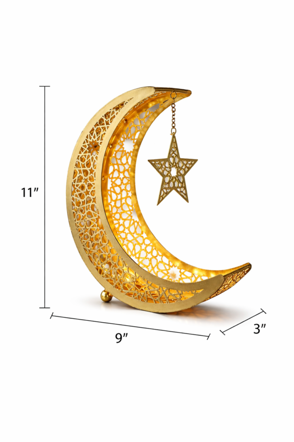 Elegant Golden Crescent Moon & Star Metal Table Decor Showpiece with Intricate Cutwork Design – 11 Inch Height x 9 Inch Length x 3 Inch Width