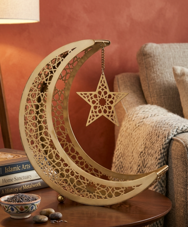 Elegant Golden Crescent Moon & Star Metal Table Decor Showpiece with Intricate Cutwork Design – 11 Inch Height x 9 Inch Length x 3 Inch Width