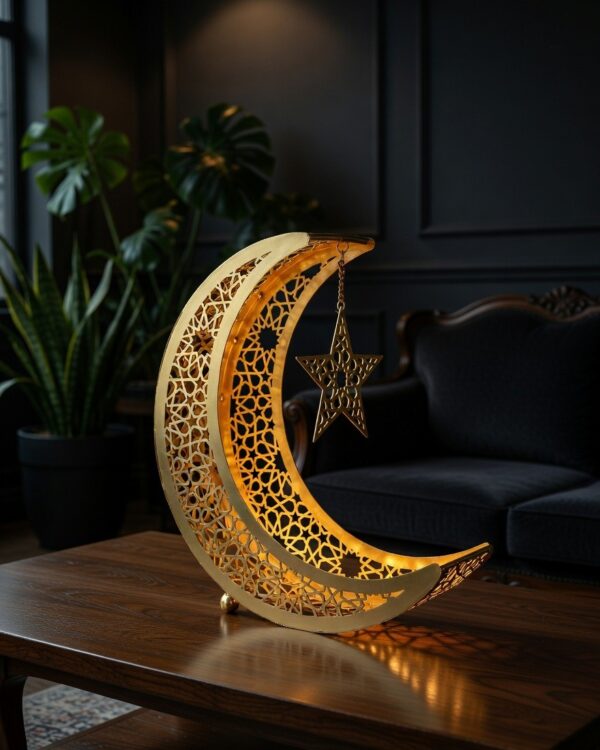 Elegant Golden Crescent Moon & Star Metal Table Decor Showpiece with Intricate Cutwork Design – 11 Inch Height x 9 Inch Length x 3 Inch Width