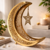 Elegant Golden Crescent Moon & Star Metal Table Decor Showpiece with Intricate Cutwork Design – 11 Inch Height x 9 Inch Length x 3 Inch Width