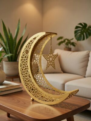 Elegant Golden Crescent Moon & Star Metal Table Decor Showpiece with Intricate Cutwork Design – 11 Inch Height x 9 Inch Length x 3 Inch Width