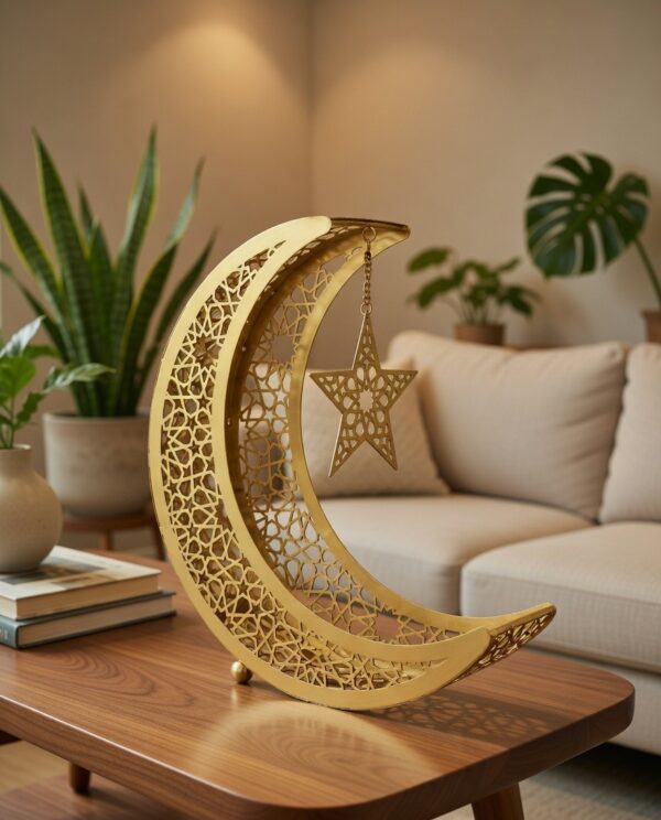 Elegant Golden Crescent Moon & Star Metal Table Decor Showpiece with Intricate Cutwork Design – 11 Inch Height x 9 Inch Length x 3 Inch Width