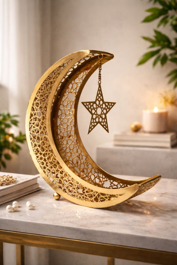 Elegant Golden Crescent Moon & Star Metal Table Decor Showpiece with Intricate Cutwork Design – 11 Inch Height x 9 Inch Length x 3 Inch Width