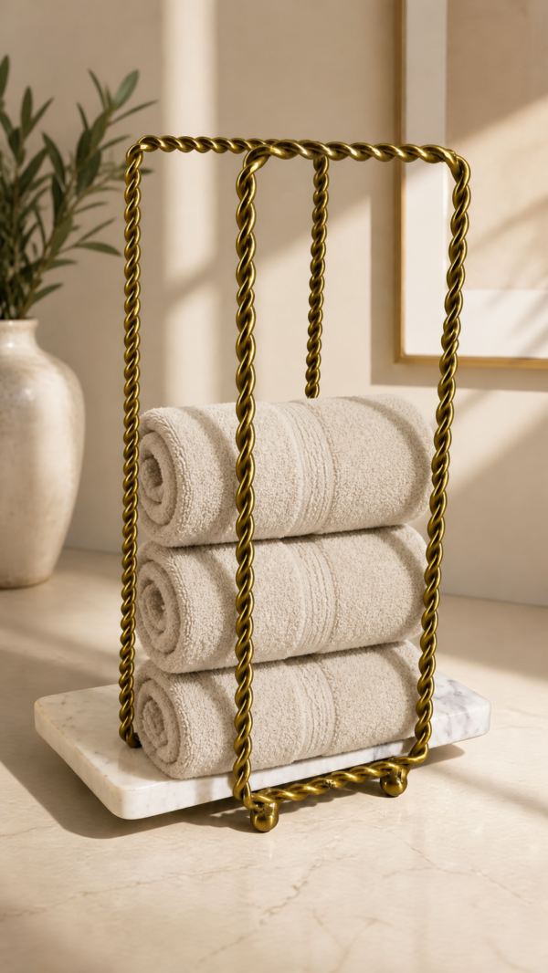 Luxury Gold Twisted Metal Tissue Roll Stand with Marble Base 7.5 x 4 x 12 Inch