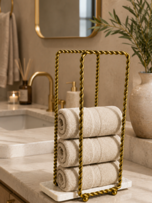 Luxury Gold Twisted Metal Tissue Roll Stand with Marble Base 7.5 x 4 x 12 Inch