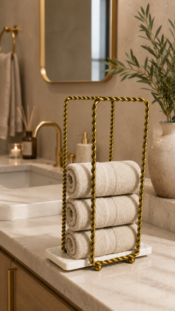 Luxury Gold Twisted Metal Tissue Roll Stand with Marble Base 7.5 x 4 x 12 Inch