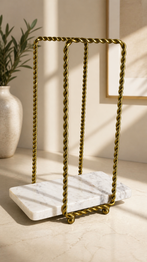 Luxury Gold Twisted Metal Tissue Roll Stand with Marble Base 7.5 x 4 x 12 Inch