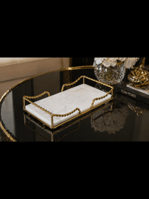 Premium White Marble Serving Tray with Gold Finish Metal Handle Frame - Rectangle