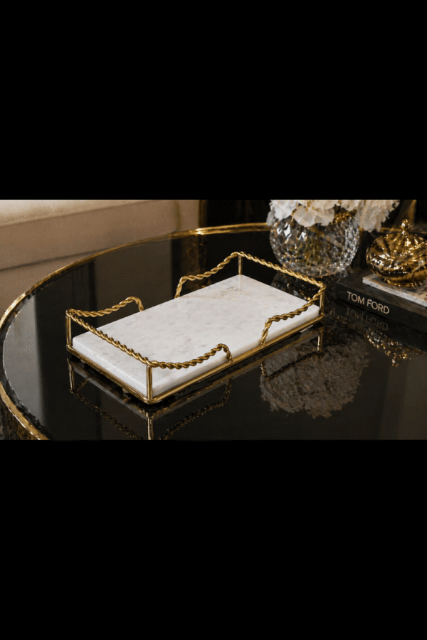 Premium White Marble Serving Tray with Gold Finish Metal Handle Frame - Rectangle